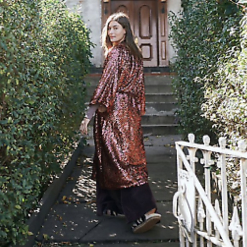 NWOT FREE PEOPLE Red Sequin Long Belted Duster Coat - Picture 4 of 12